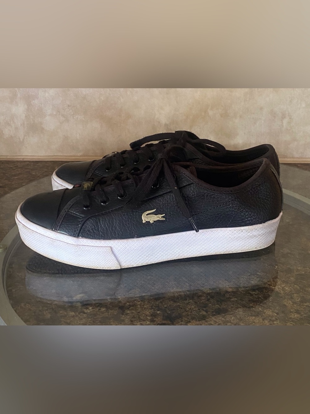 Lacoste Black Leather Low-Top Sneakers with White Soles and Gold Logo Womens 8 - Picture 2 of 9